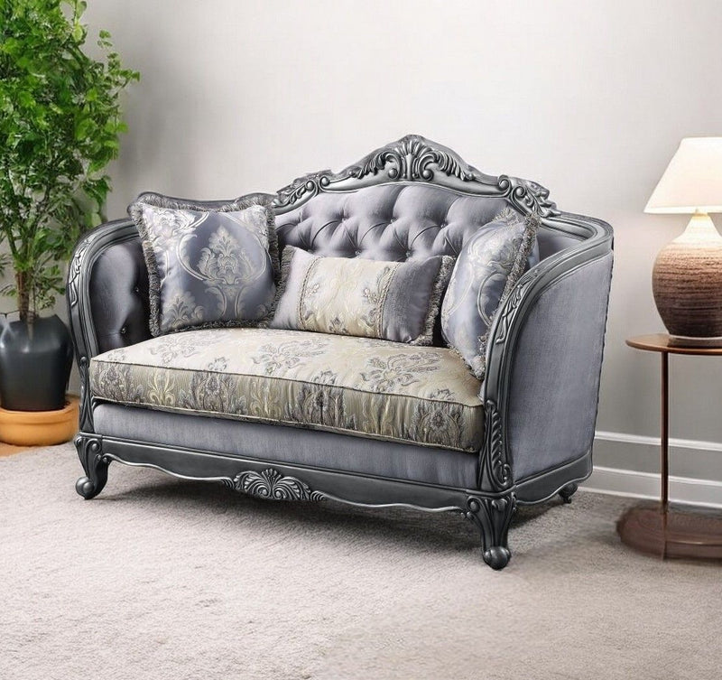 Silk Blend Loveseat And Toss Pillows - Gray / Platinum