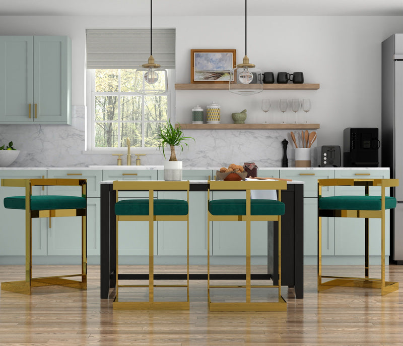 Velvet And Stainless Steel Low Back Counter Height Bar Chair - Green And Gold