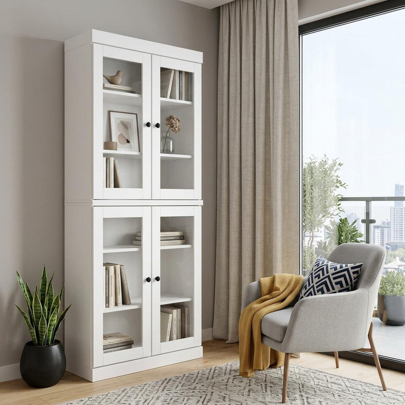 Solid Wood Adjustable Six Tier Library Bookcase With Four Doors (745688) - White
