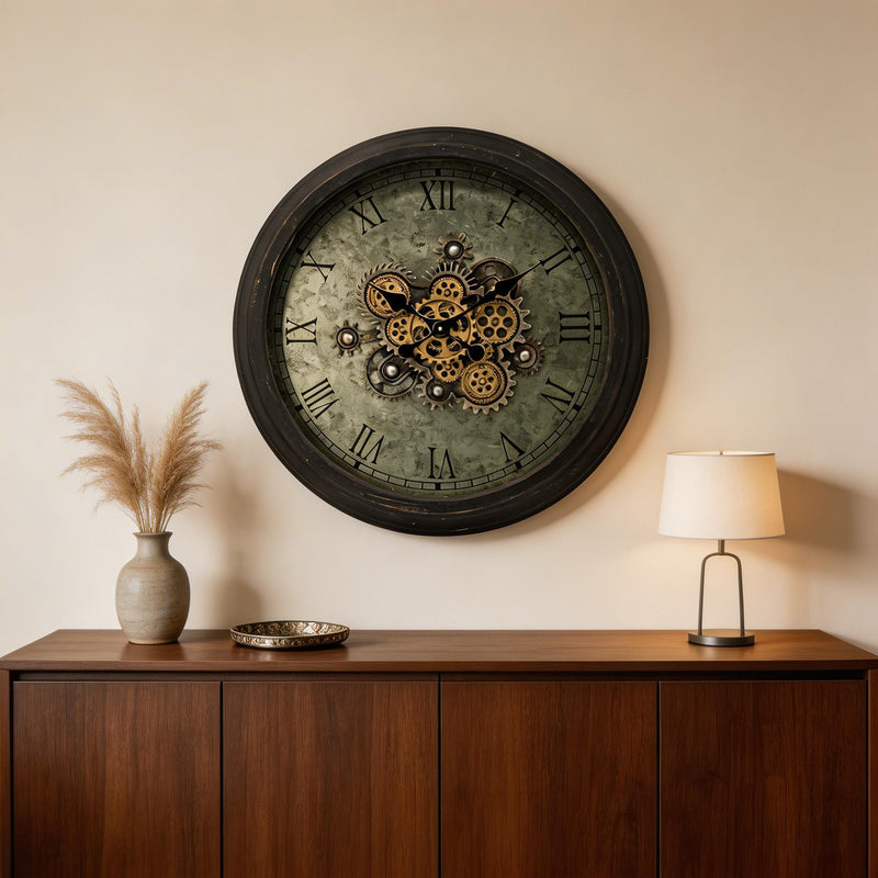 Circle Analog Exposed Gear Wall Clock - Black / Gray