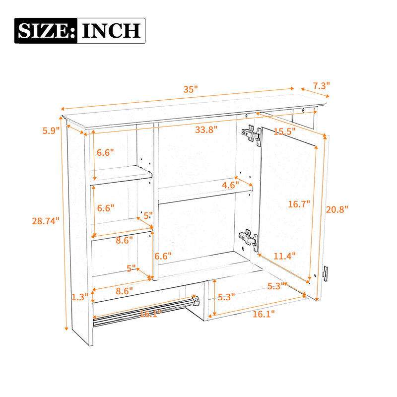 Wall Mount 2 In 1 Mirror Cabinet With Adjustable Shelves, Open Storage, For Bathroom Vanity - White