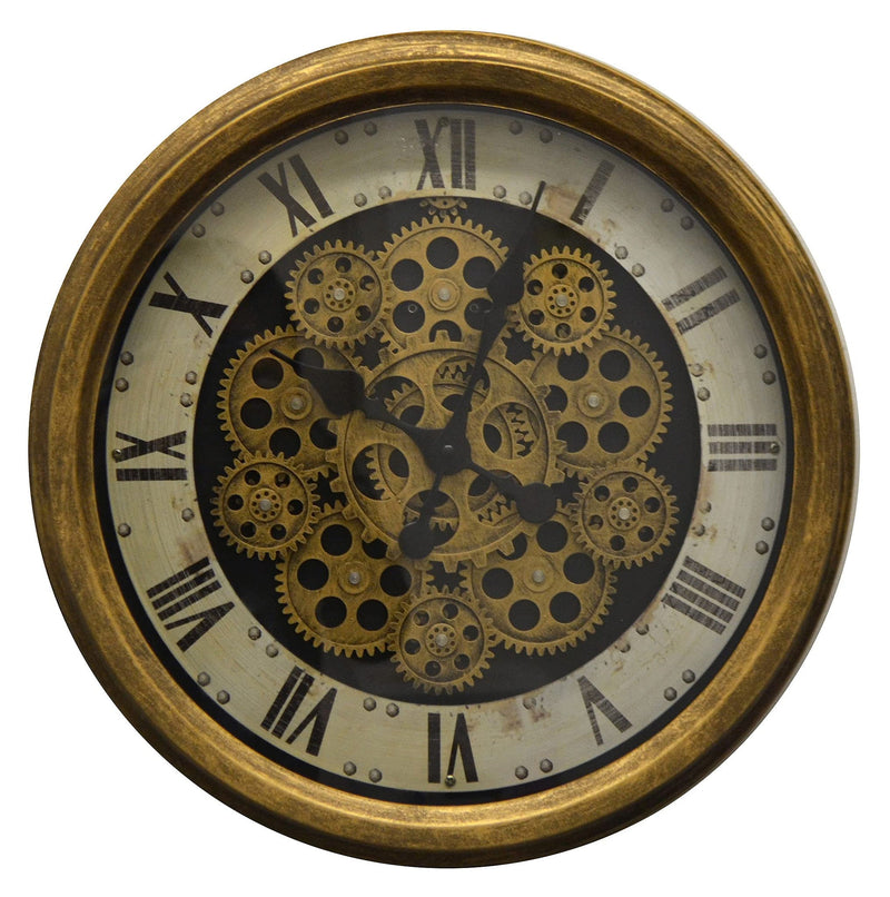 Silent Skeleton Exposed Gear Round Wall Clock (626342) - Antiqued Gold / White / Black