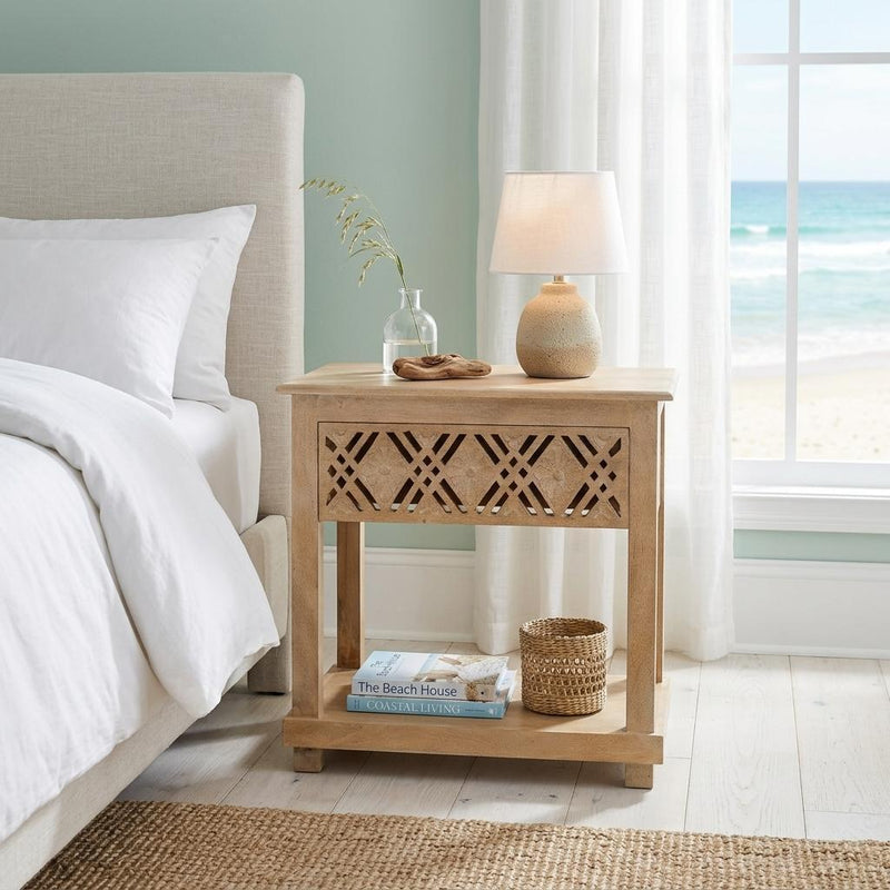 Solid Wood Carved Geometric One Drawer Nightstand - Natural