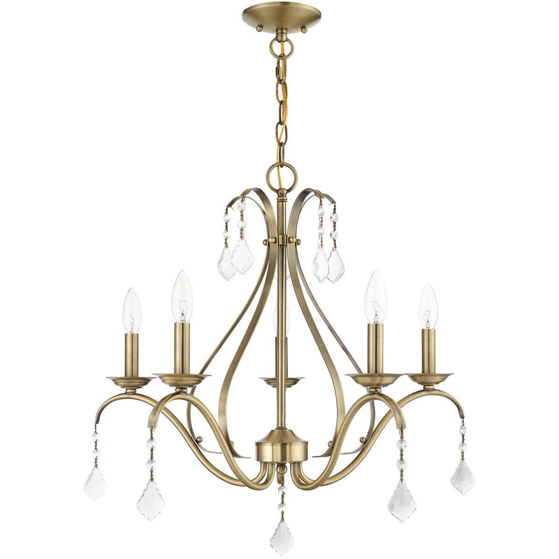 23" Five Light Dimmable Chandelier With Shades - Antiqued Brass