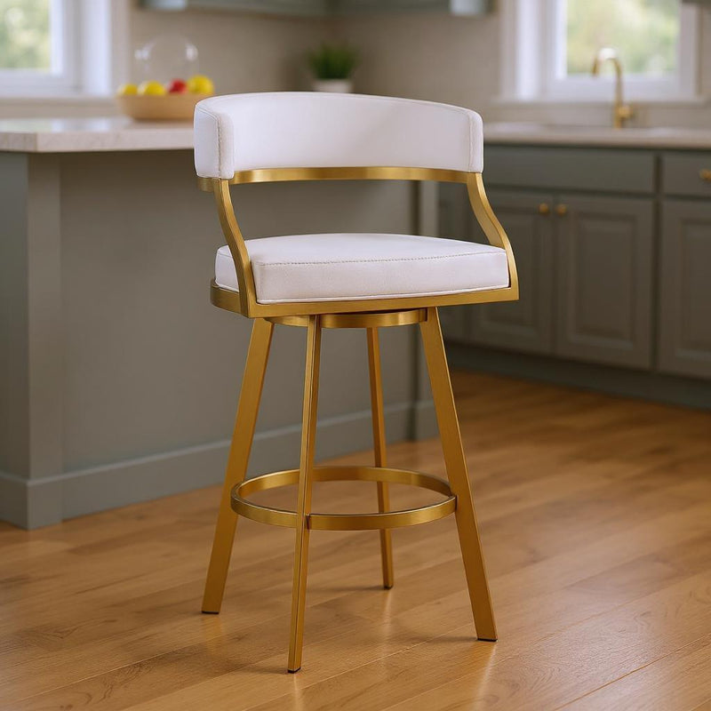 26" Faux Leather And Stainless Steel Low Back Counter Height Swivel Bar Chair - Gold / White
