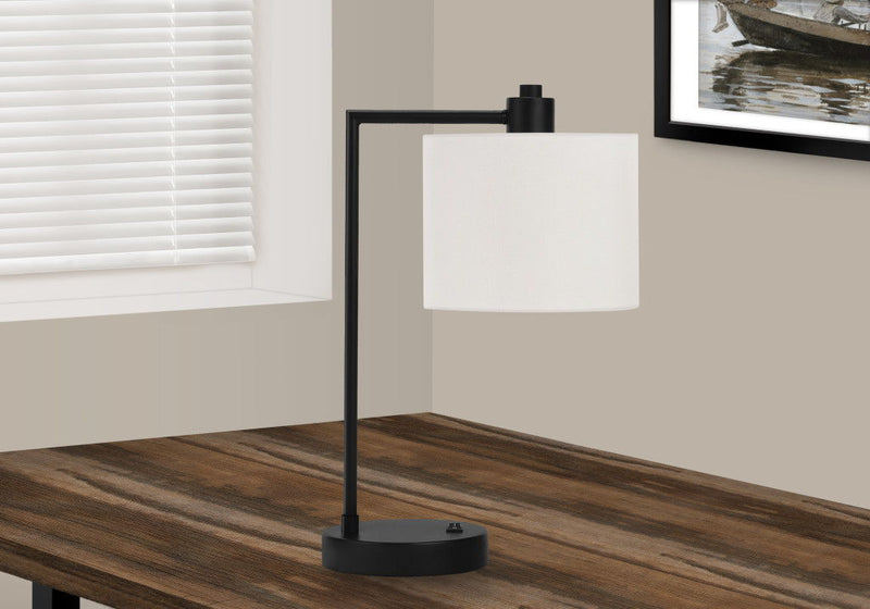 Metal Round USB Table Lamp With Ivory Drum Shade - Black