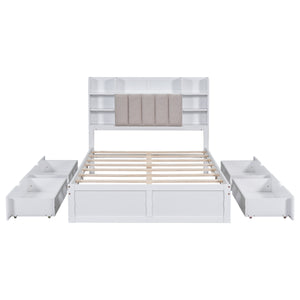 Multi-functional Full Size Bed Frame with 4 Under-bed Portable Storage Drawers and Multi-tier Bedside Storage Shelves, White