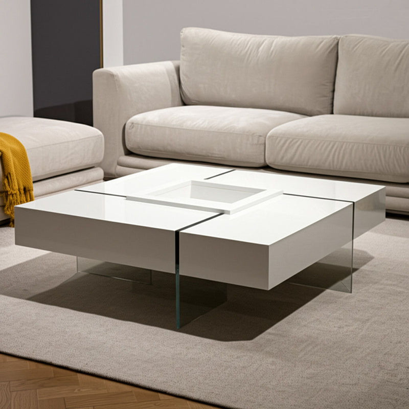 47" Wood And Glass Square Sled Coffee Table - White And Clear