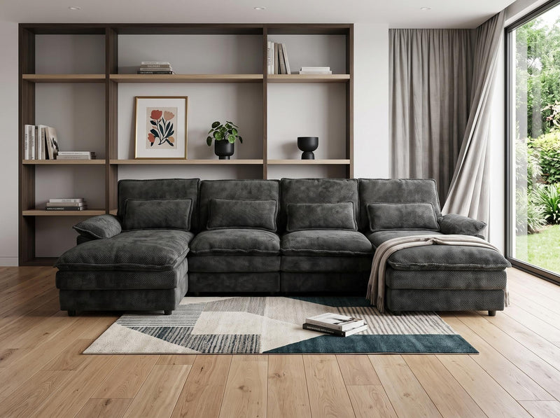Chenille Modular U Shaped Four Piece Sofa And Chaise Sectional With Console And Toss Pillows - Black