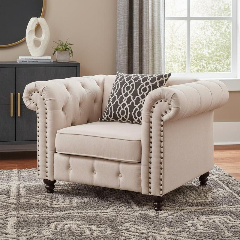 Linen And Black Tufted Chesterfield Chair - Beige