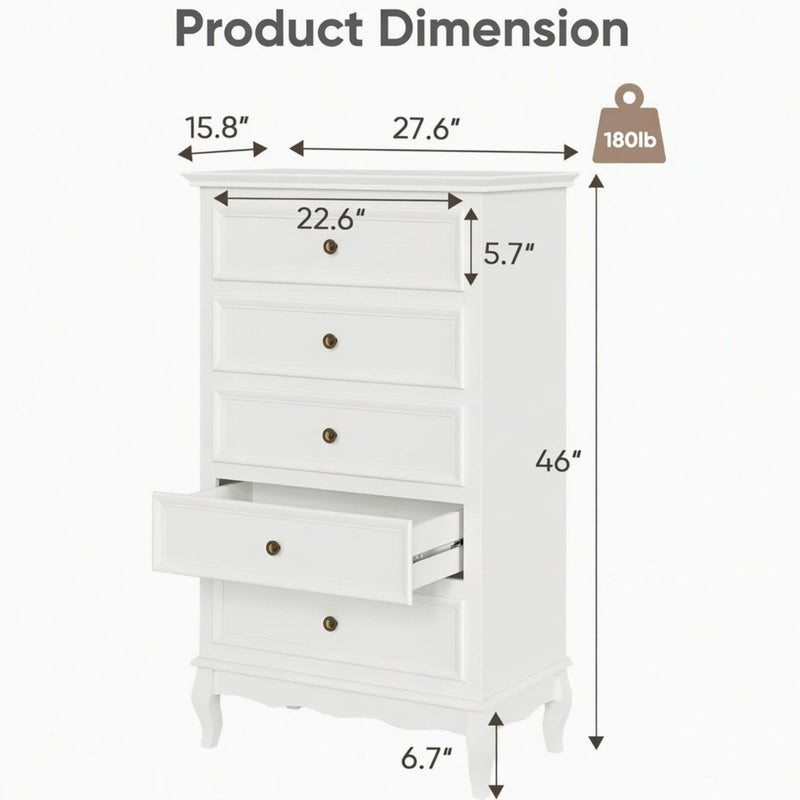 5 Drawer Tall Wide Chest Of Drawers - White