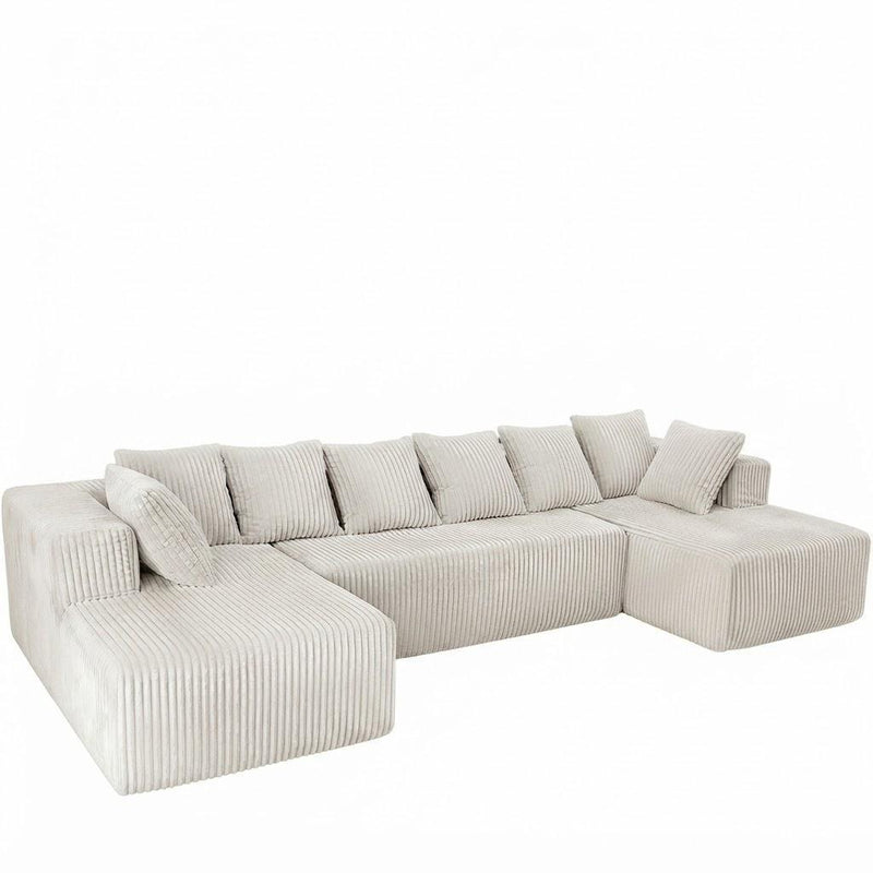 Corduroy Modular U Shaped Three Piece Sofa And Chaise Sectional With Console And Toss Pillows - White