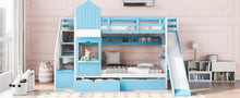 Load image into Gallery viewer, Twin-Over-Twin Castle Style Bunk Bed with 2 Drawers 3 Shelves and Slide - Blue
