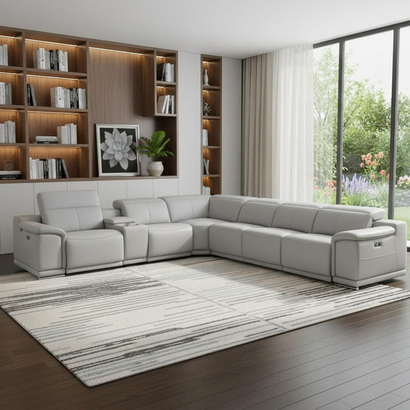 Italian Leather Power Reclining Seven Piece Corner Sectional With Console - Light Gray