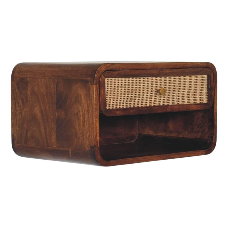 Solid Wood Cane Rattan One Drawer Floating Nightstand - Chestnut / Natural