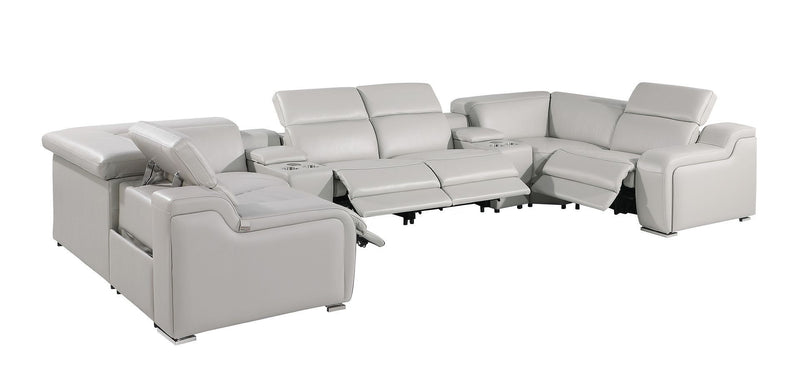 Italian Leather Power Reclining U-Shaped Eight Piece Corner Sectional With Console - Light Gray