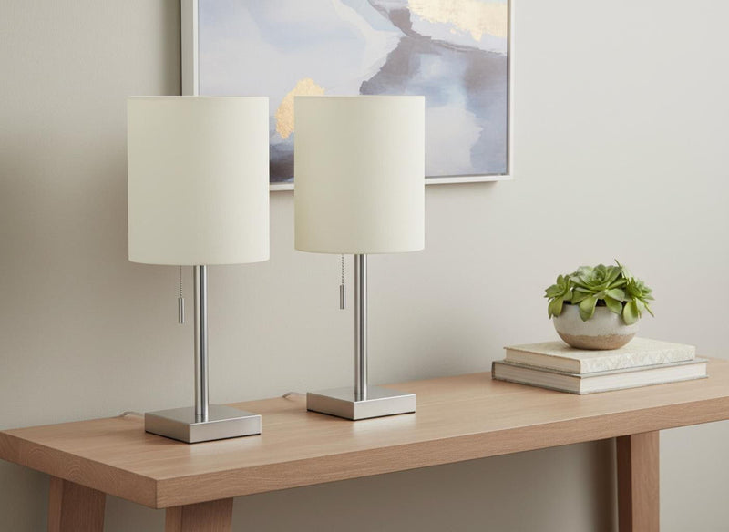Metal Candlestick USB Table Lamps With Ivory Drum Shade (Set of 2) - Silver