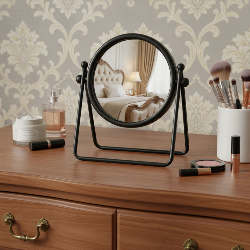 Metal Round Framed Adjustable Makeup Shaving Tabletop Mirror - Black