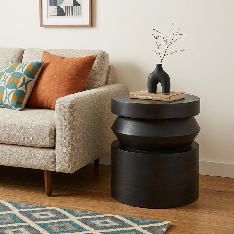 Round Block End Table - Dark Brown