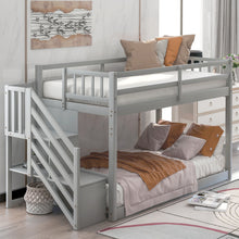 Load image into Gallery viewer, Twin over Twin Floor Bunk Bed, Ladder with Storage, Gray
