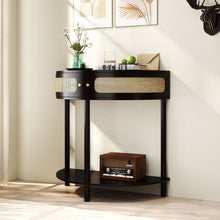 Load image into Gallery viewer, Boho Rattan Semi Circle End Table With Sliding Rattan Door, Storage And Bottom Shelf
