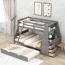 Load image into Gallery viewer, Twin over Full Bunk Bed with Trundle and Built-in Desk, Three Storage Drawers and Shelf,Gray
