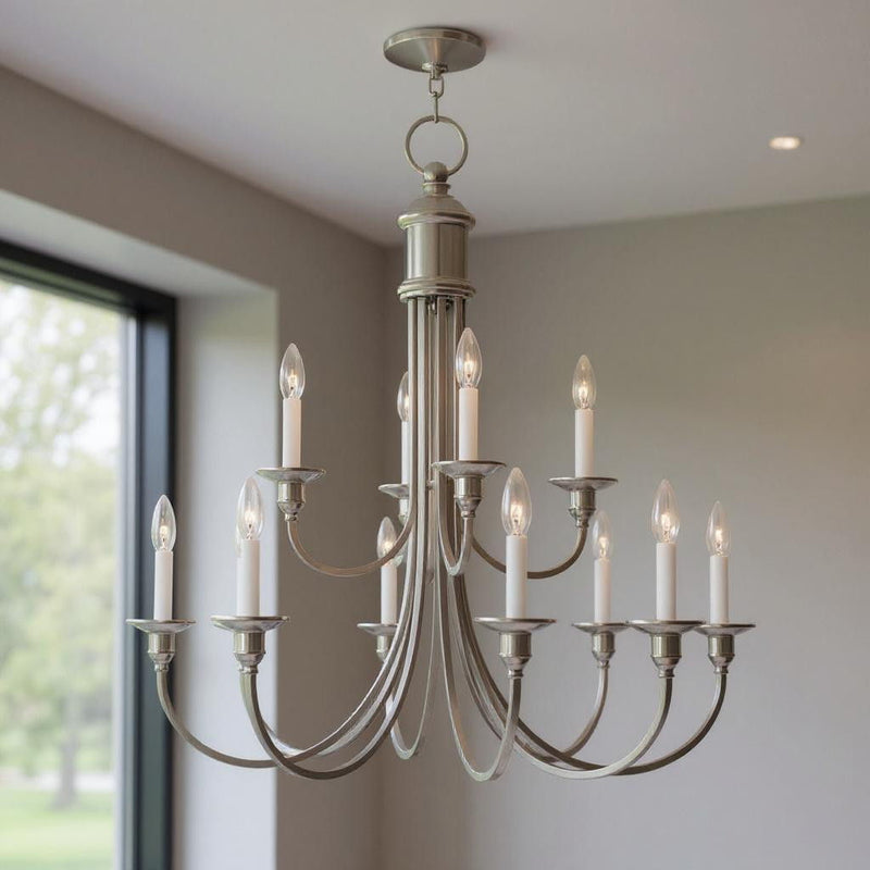 32" Twelve Light Dimmable Chandelier With Shades - Nickel