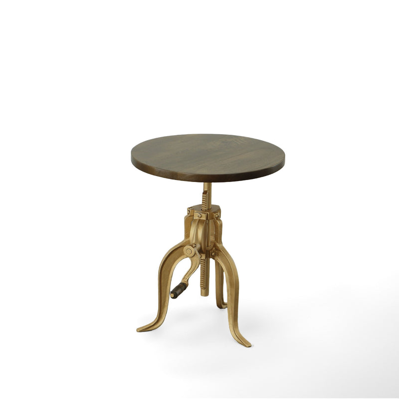 Solid Wood And Iron Height Adjustable Round End Table - Brass