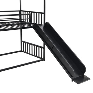 Twin Size Metal Bunk Bed House Bed with Slide and Staircase, Black