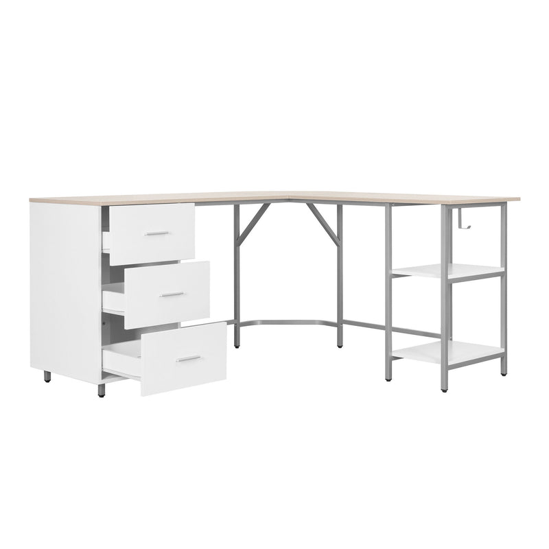 L Shape Pedestal Computer Desk With Three Drawers - Sand / Silver / White