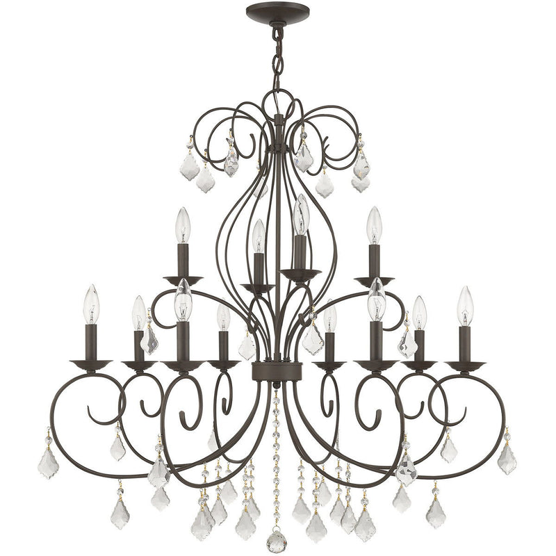 Twelve Light Metal Dimmable Chandelier With Shades - Bronze / Clear