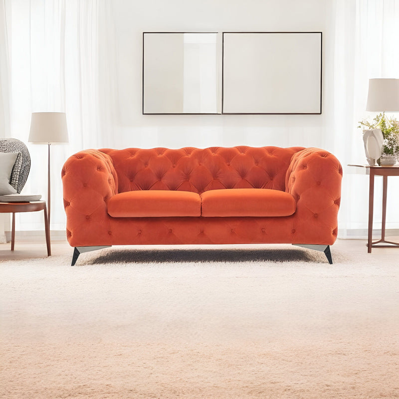 Tufted Velvet Chesterfield Love Seat - Orange / Black