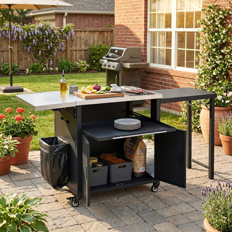 Foldable Outdoor Prep Station BBQ Cart With Trash Rack