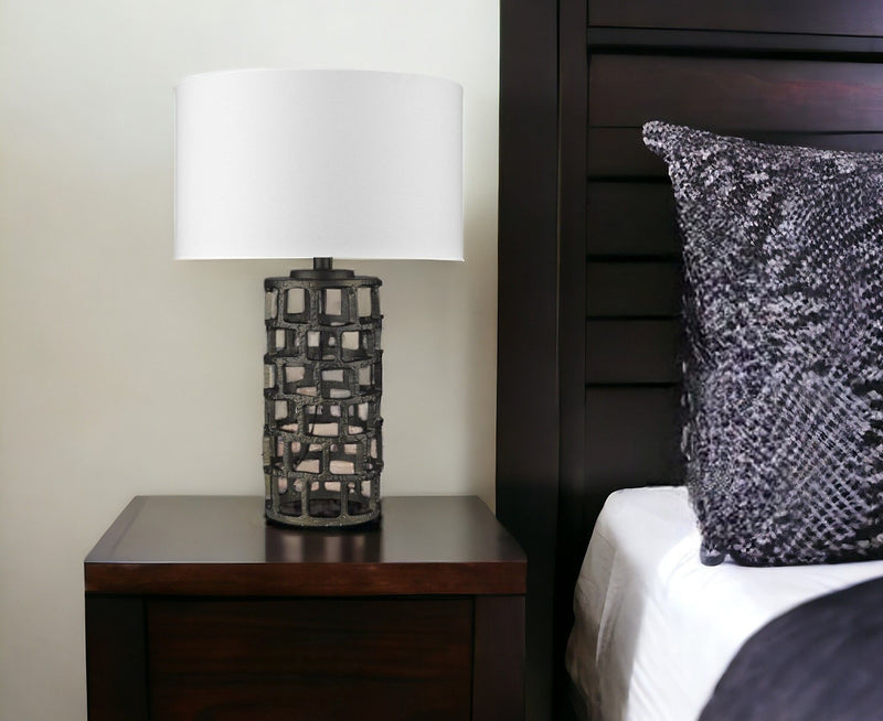 Metal Column Table Lamp With White Drum Shade - Black