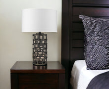 Load image into Gallery viewer, Metal Column Table Lamp With White Drum Shade - Black
