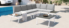 Load image into Gallery viewer, TOPMAX Industrial 5-Piece Aluminum Outdoor Patio Furniture Set, Modern Garden Sectional Sofa Set with End Tables, Coffee Table and Furniture Clips for Backyard, White+Grey
