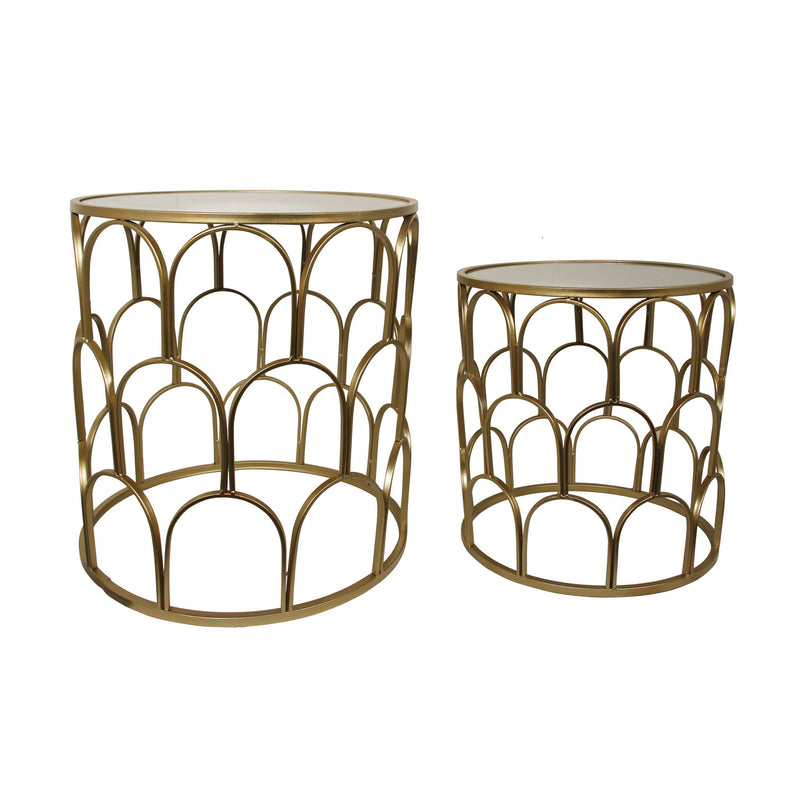 Mirrored Glass Round Drum Nested Tables (Set of 2) - White / Gold