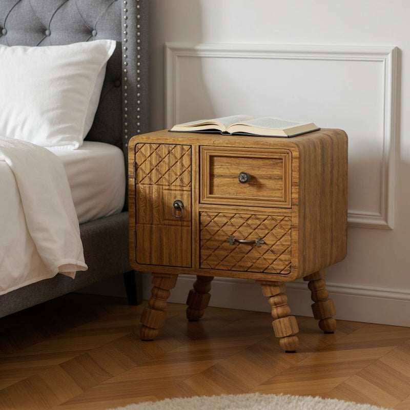 19" Solid Wood Console Accent Cabinet With Single Door Two Drawers - Sepia