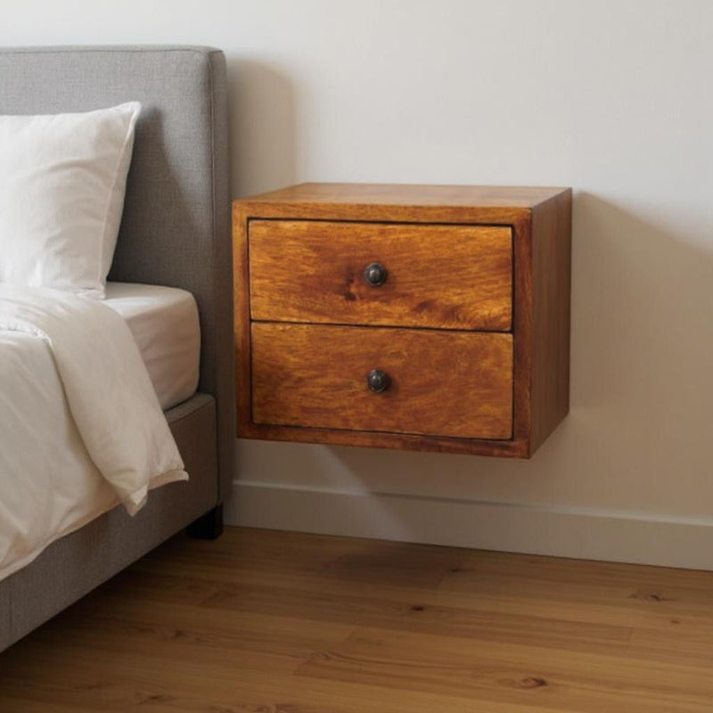 12" Chestnut Solid Wood Two Drawer Floating Nightstand - Light Brown