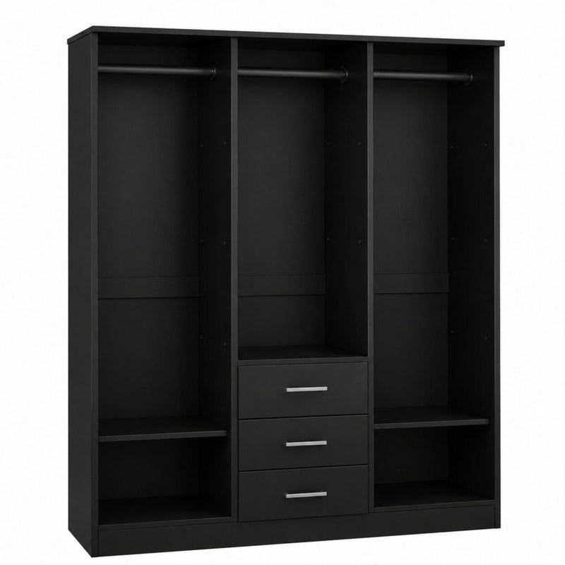 Solid Wood Mirrored Three Door Three Drawer Combo Dresser - Black