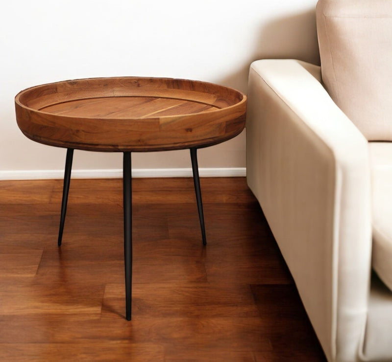 18" Solid Wood And Iron Round End Table - Black And Natural Brown