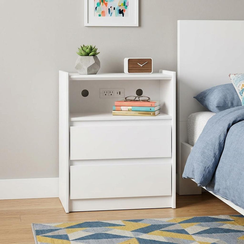Wood Two Drawer Nightstand With USB Port And Integrated Tech - White