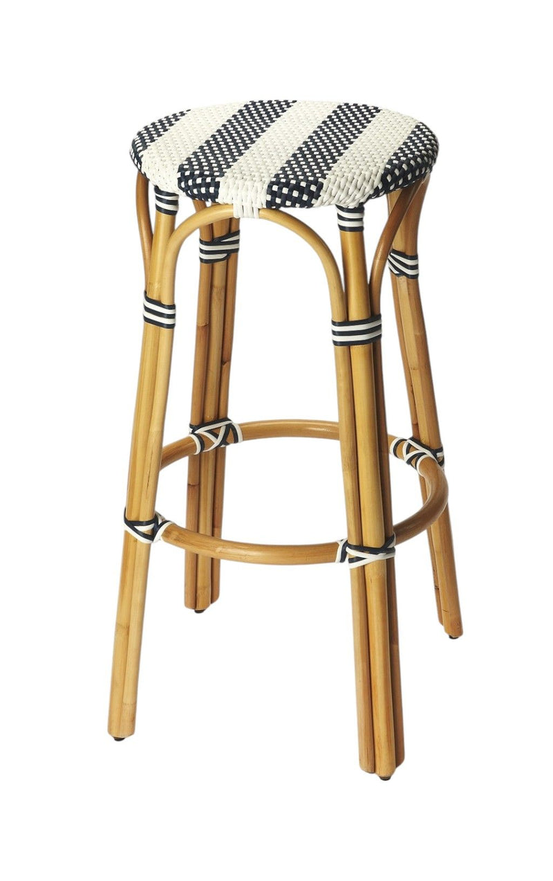 Natural Rattan Backless Bar Height Bar Chair - Blue / White