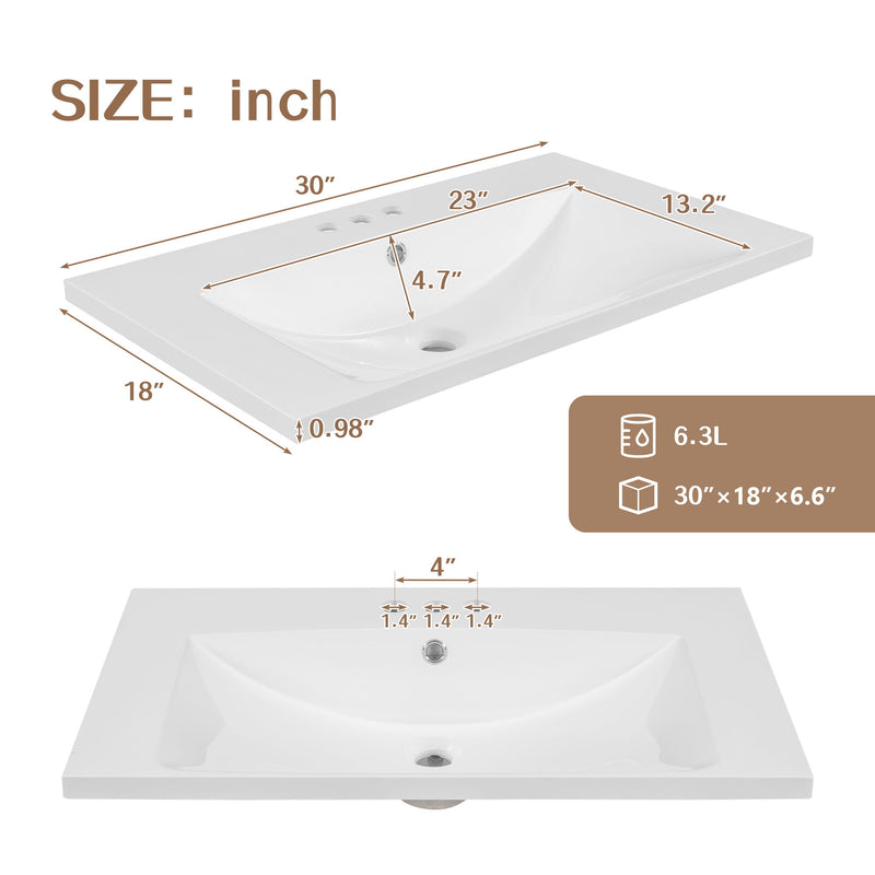 30" Single Bathroom Vanity Top With Undermount Basin, Rectangular Shape, 3 Faucet Holes - White