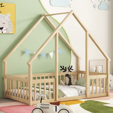 Load image into Gallery viewer, Wood House-Shaped Floor Bed With Fence, Guardrails
