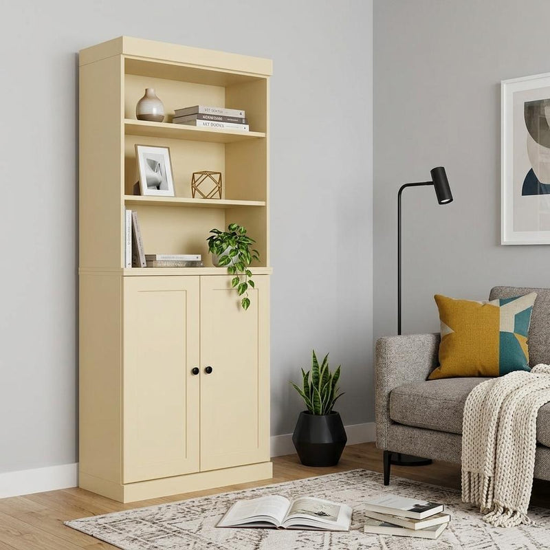 Solid Wood Adjustable Six Tier Library Bookcase With Two Doors (745623) - Yellow