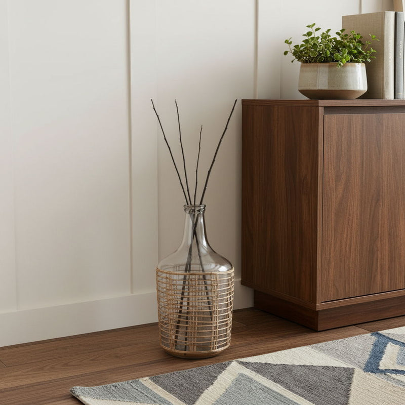 Round Floor Vase With Wrapped Rattan (608577) - Clear / Natural