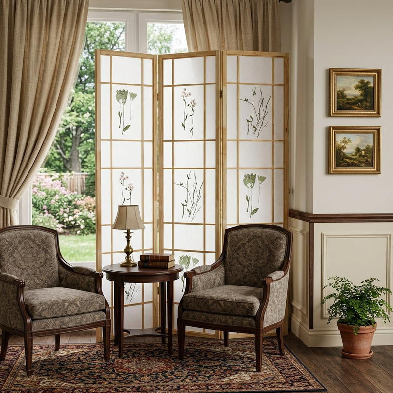 Folding Three Panel Screen Room Divider (469135) - Brown / White