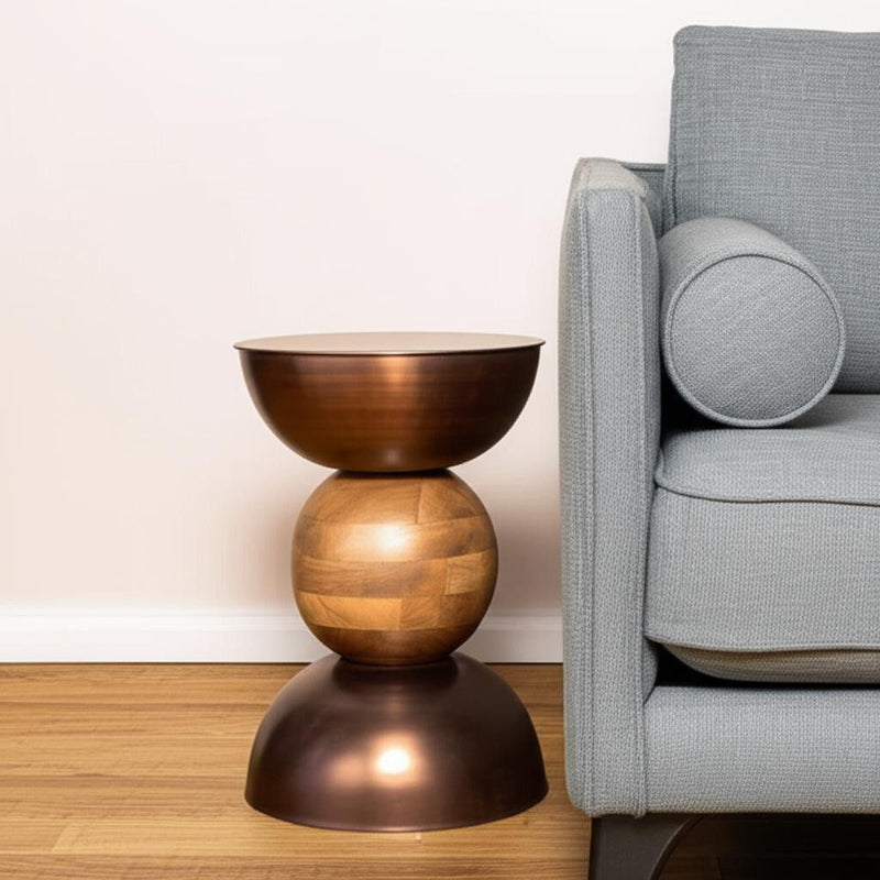 20" Iron And Solid Wood Round Pedestal End Table - Bronze And Brown