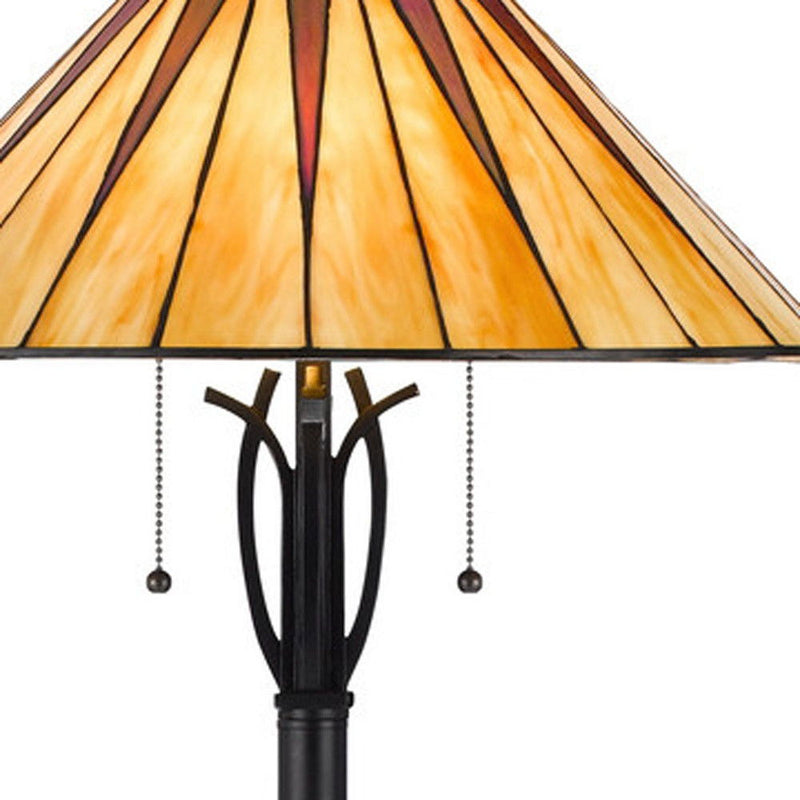 Two Light Traditional Shaped Floor Lamp With Red And Ivory Abstract Tiffany Glass Empire Shade - Bronze